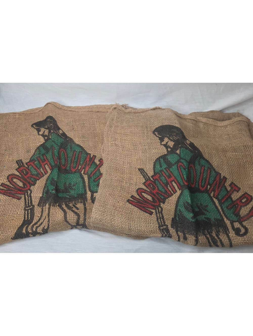 Lot of 2 Vintage North Country Potatoes Burlap Sacks 50lb. Trapper Graphic (2)